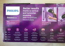 Load image into Gallery viewer, Philips Steam &amp; Go Plus Handheld Compact Garment Steamer GC362.  Vertical or Horizontal Steaming, SmartFlow heated plate.
