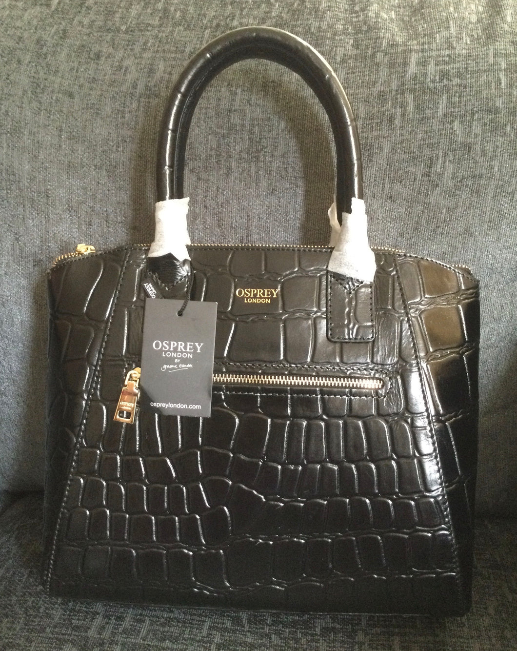 Osprey London Aspen Grab Croc Leather Black Handbag With Short And Long Straps 30cm x 24cm x 9cm approx