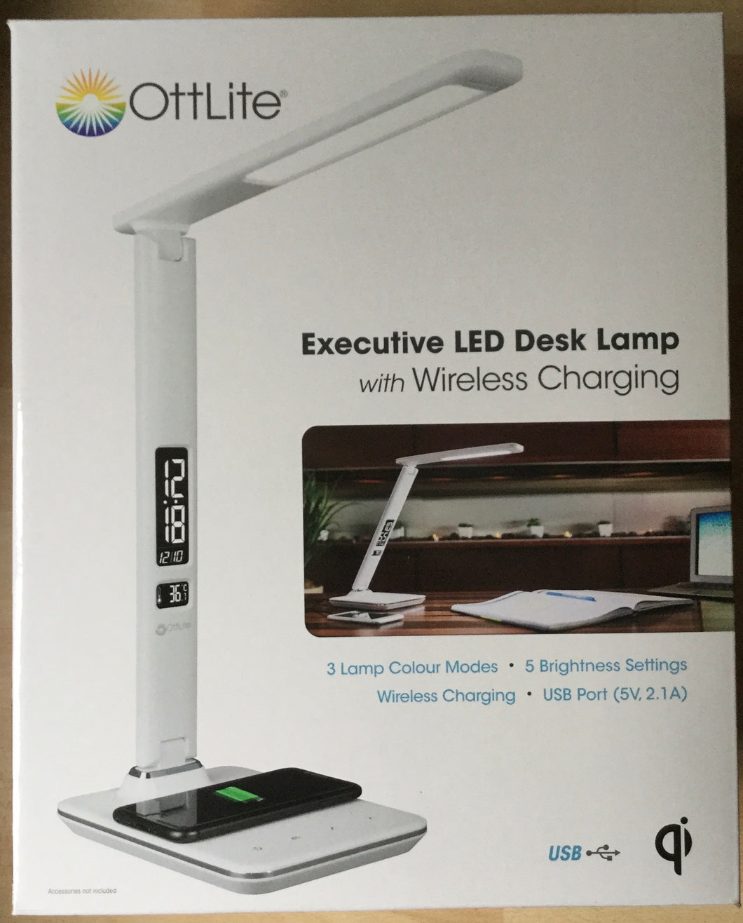 OttLite Executive LED Desk Lamp With Wireless Charging 5 Brightness - White