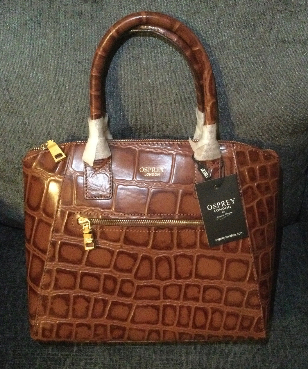 Osprey London Aspen Grab Croc Leather Cognac(Brown) Handbag With Short & Long Straps 30cm x 24cm x 9cm approx